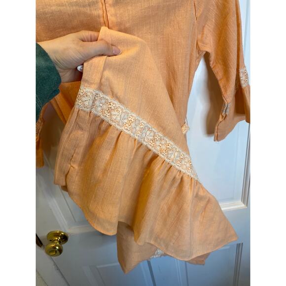 VINTAGE X 60s 70s Peach Lace Prairie Ruffle Belted Gown Small - Picture 9 of 9